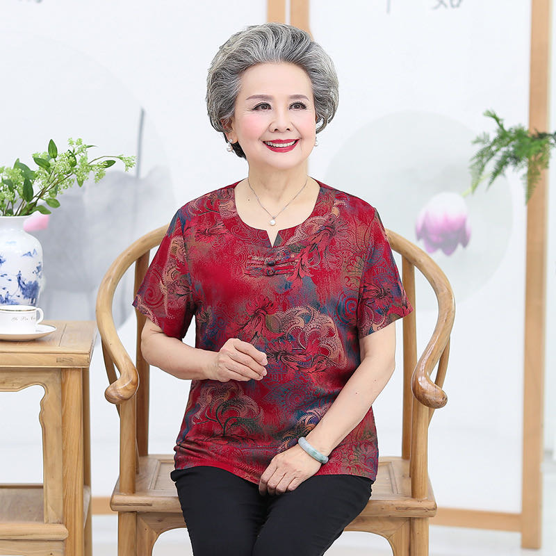 中老年人夏季棉绸短袖套装女奶奶装衣服妈妈时尚两件套细节图