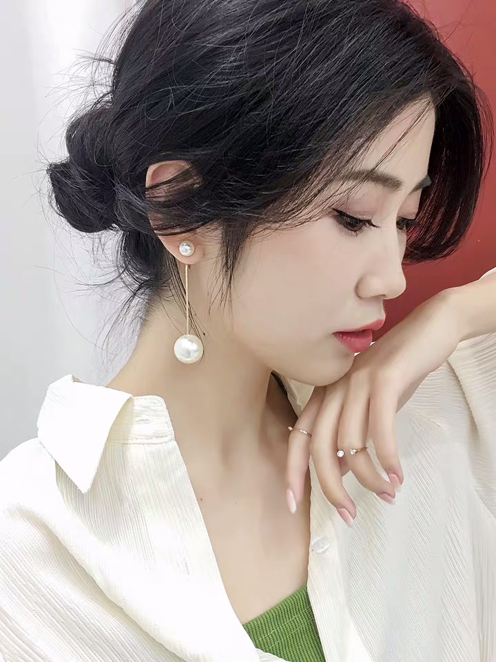 Big Pearl earrings, 2020 new trendy stud earrings, Korean style trendy earrings, pendant earrings, women's long style, elegant Specification image