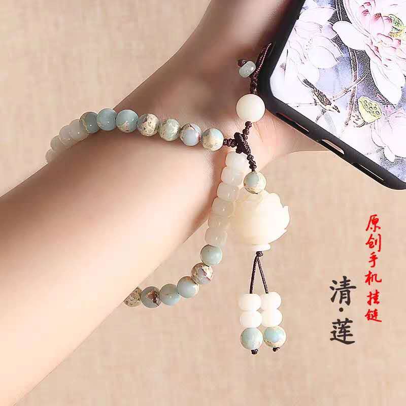 手工编织手机防丢绳手机链女手腕短款手机壳挂件寿山石挂绳钥匙扣