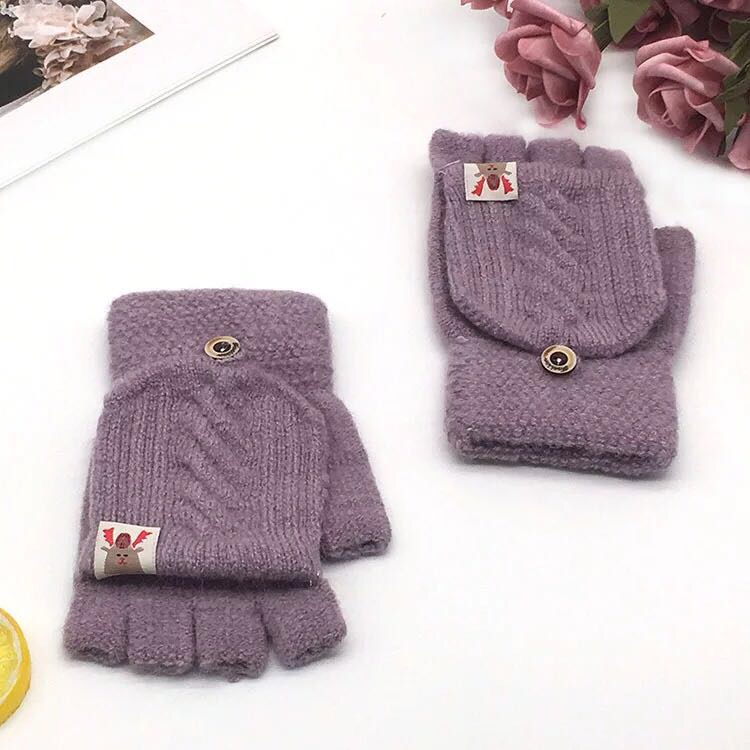 手套女冬季保暖可爱韩版学生卡通针织毛线提花翻盖半指两用手套产品图