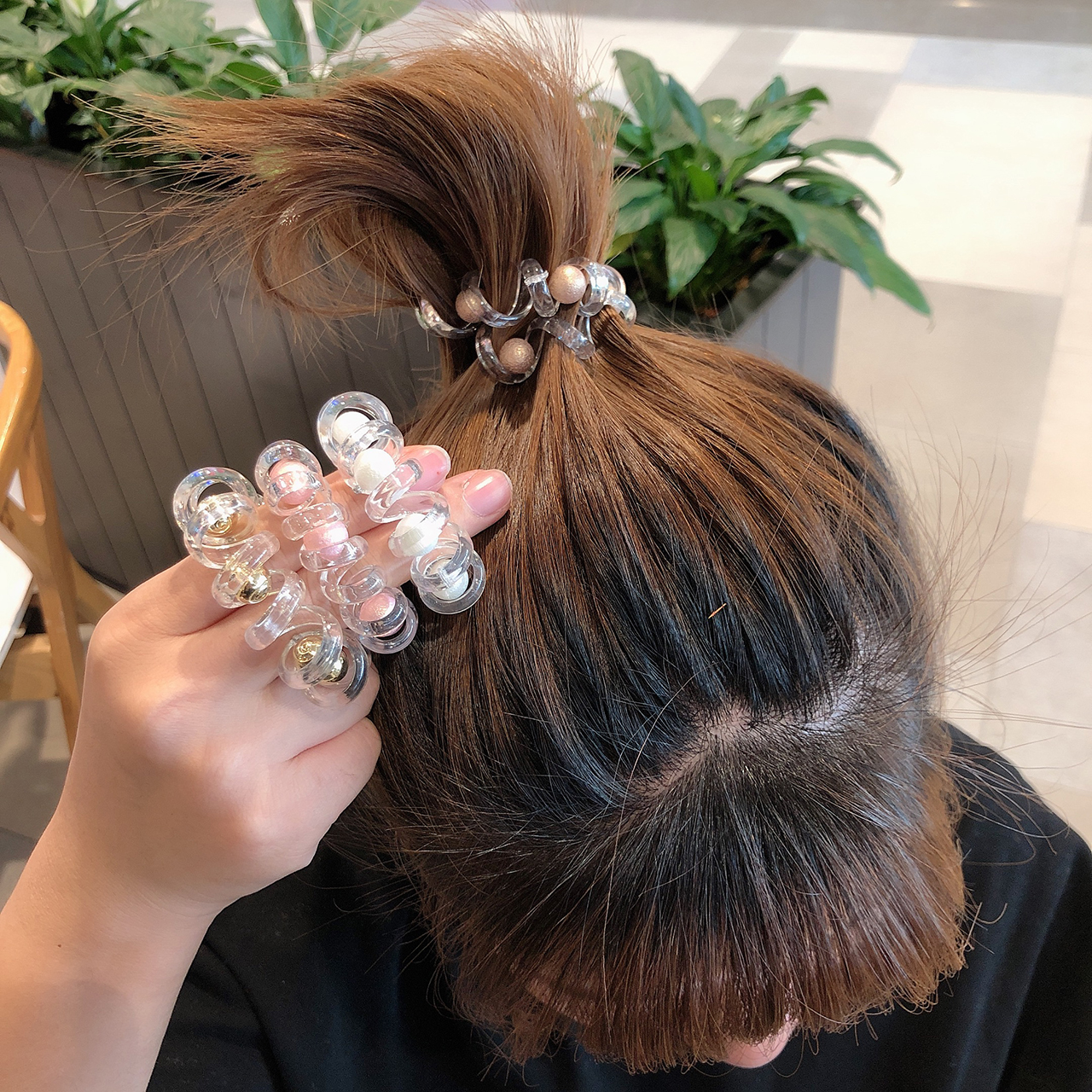 Simple Transparent Telephone Line Head Rope Female Nail Beads Colored Leather Cover Hair Band Net Red Sweet Ball Hair Adornment details Picture