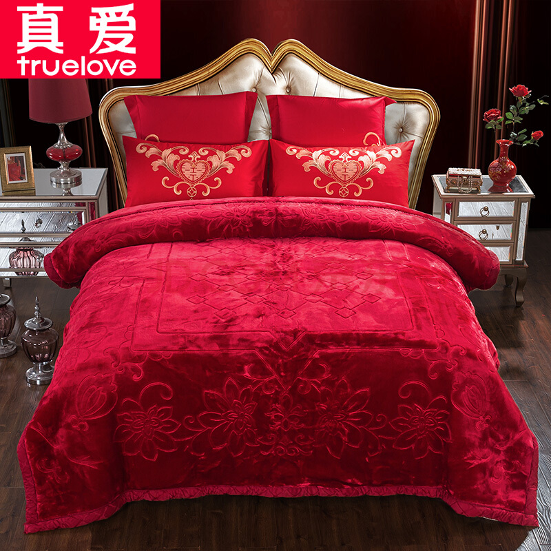 真爱毛毯 双层加厚大红色结婚毛毯 拉舍尔冬季保暖毯