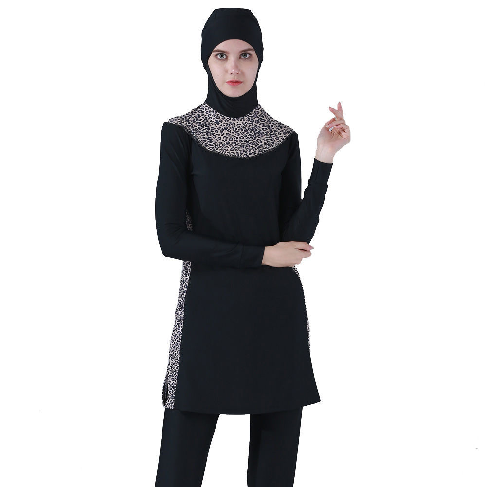 豹纹印花穆斯林女士全身游泳衣保守分体浮潜冲浪水母服产品图