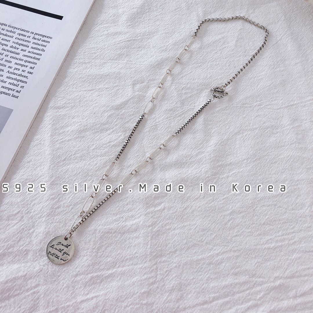 Korean-style engraved round pendant necklace, simple pure silver, high-end, individual, elegant and versatile accessory