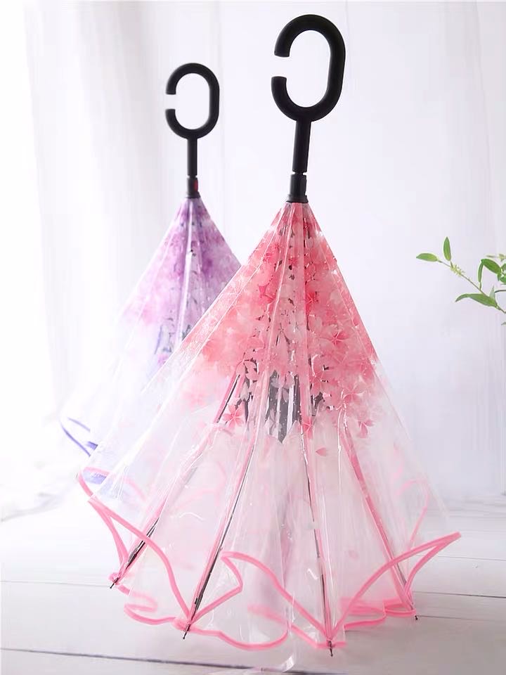 Waterproof PVC transparent umbrella, double-layer thickened cherry C-shaped long-handled umbrella without holding details Picture