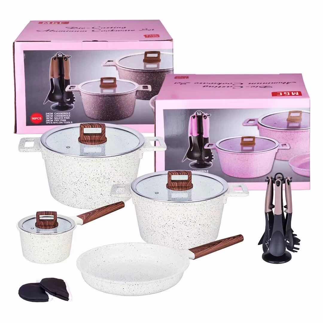16-piece beveled kitchenware set: soup pot, wok and frying pan details Picture