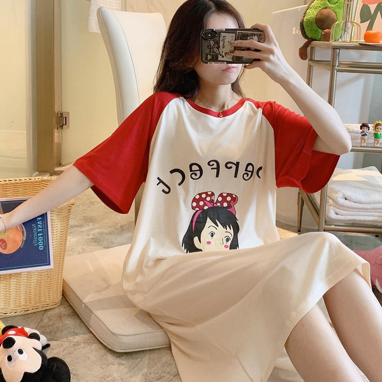 Collection Baby Nightdress Female Summer Cotton Thin Short Sleeve Loose Pregnant Women In The Long Summer Cotton Can Be Worn Outside Dress Pajamas Specification drawing