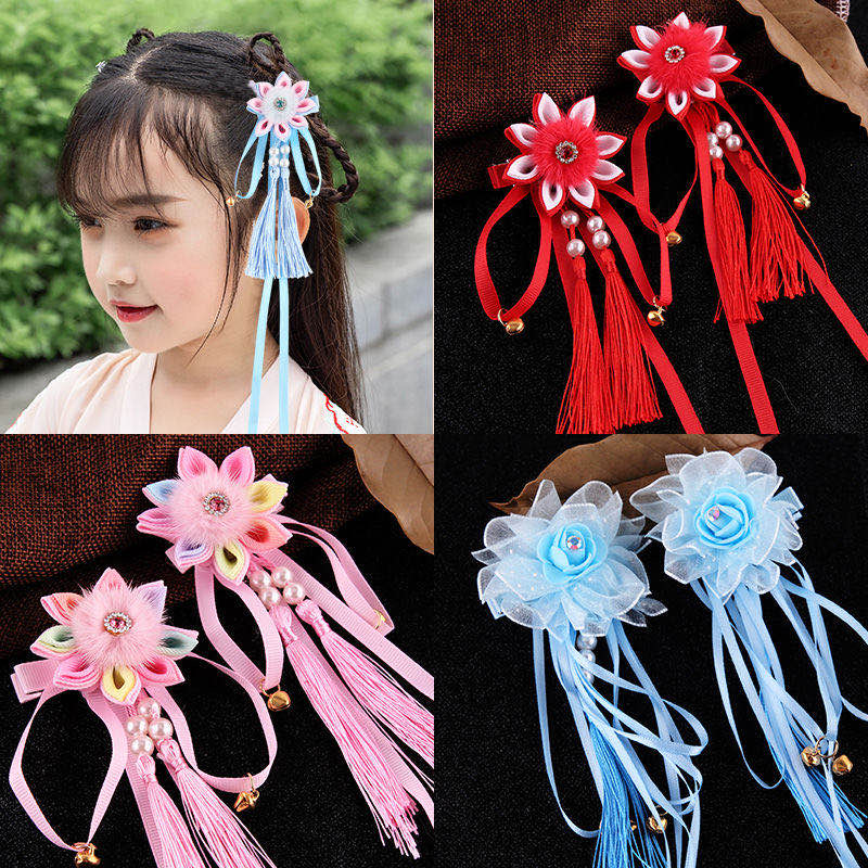 汉服头饰女流苏飘带发夹古风毛绒发卡女童不伤发冬季边夹花朵发饰
