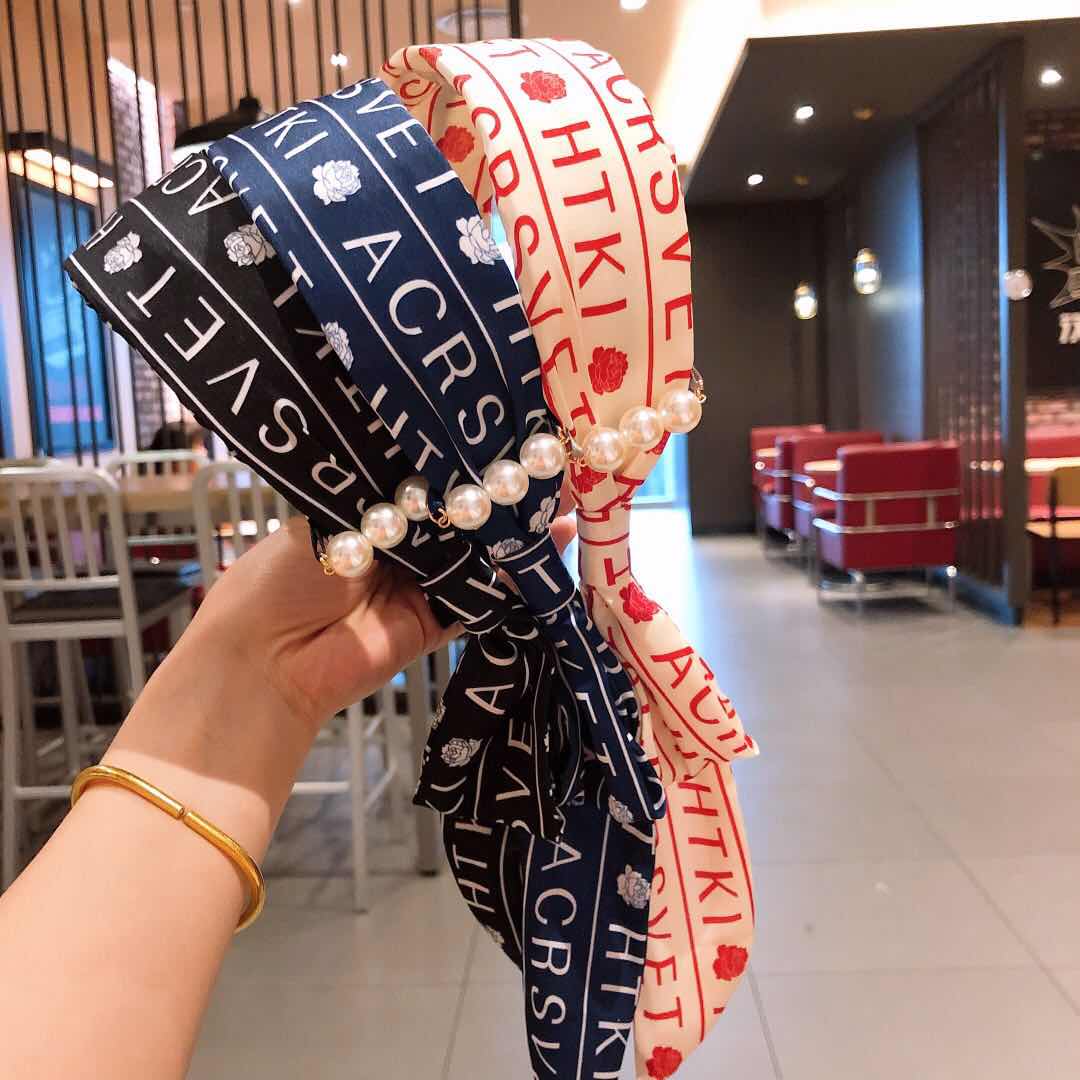 Original handcrafted chiffon vacation letter pearl headband Korean version series, exquisite piggy girl's must-have versatile accessory