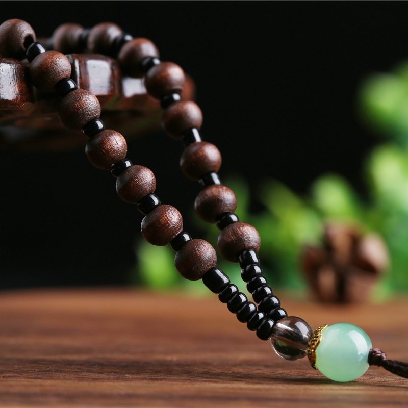 Hand-Woven Black Bead Chicken Wing Wood Imitation Black Pea Green White Jade Bead Amber Bead Gold Beeswax Lanyard Necklace Rope