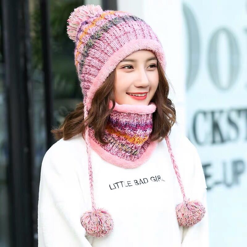 Girls Riding Hat Winter With Velvet Woven Plus Velvet Warm Woolen Hat Hat Women's Neck Set Simple Specification drawing