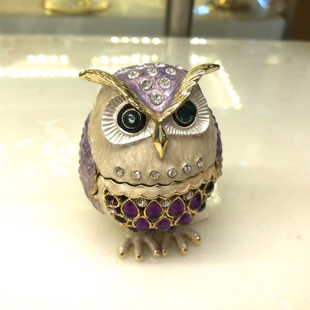 紫猫头鹰合金首饰盒婚庆礼品摆件工艺品镶嵌水晶摆件