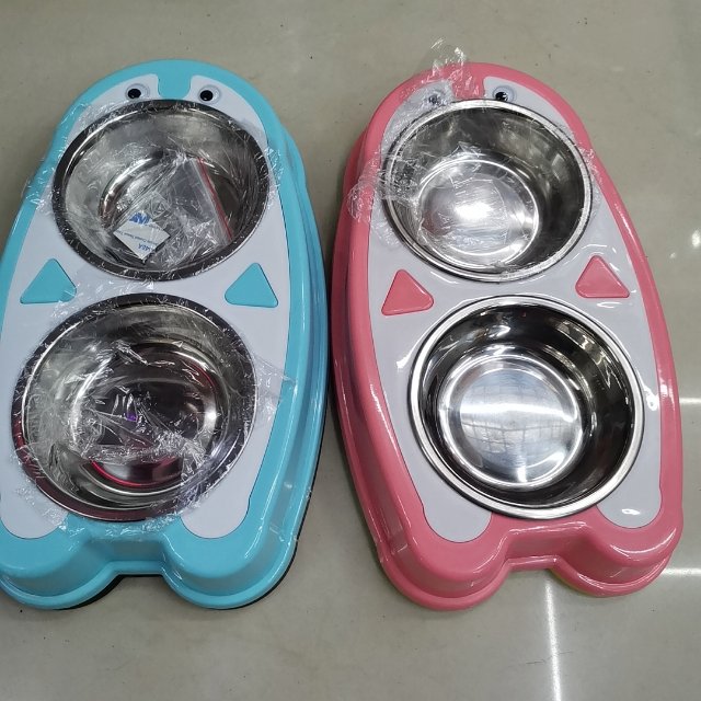 卡通企鹅四色宠物碗不锈钢宠物双碗宠物猫狗盆