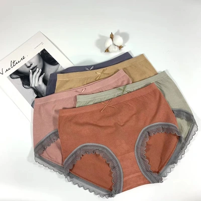 2023 New Lace Lace Girls Underwear Pure Cotton Solid Color Women's Shorts Mid-Waist High Elastic Antibacterial Briefs Morandi Color