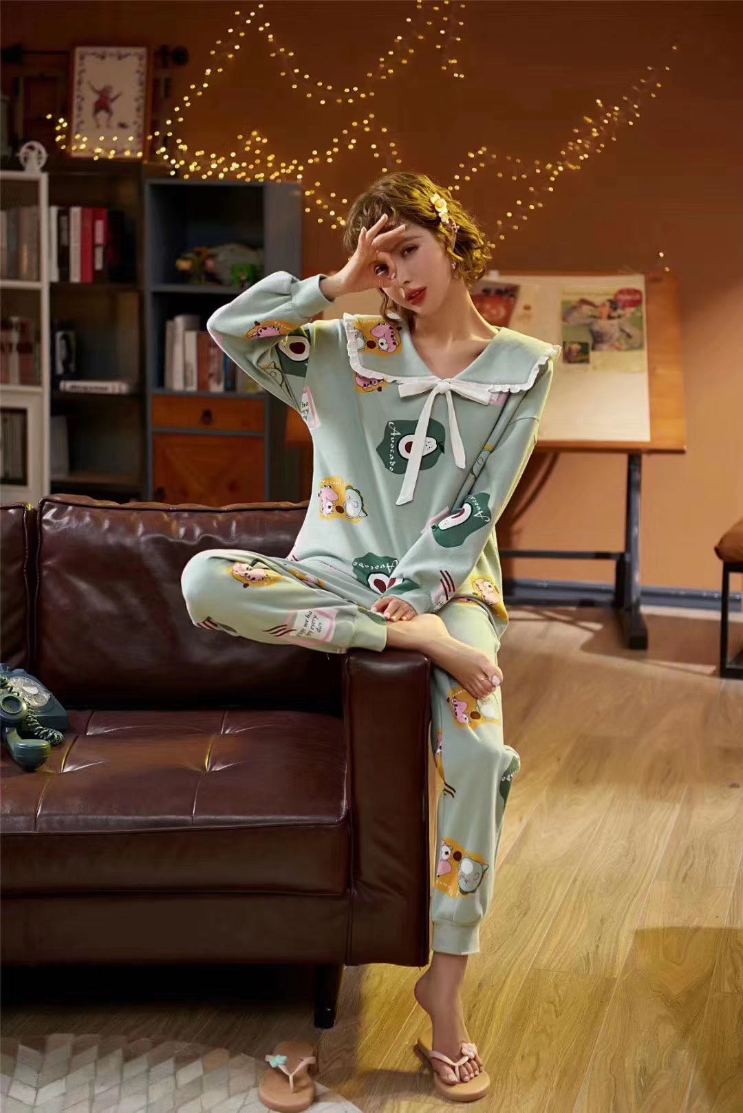 Pajama women's Spring and autumn pure cotton long-sleeved thin student Korean-style cute loose women's two-piece home wear