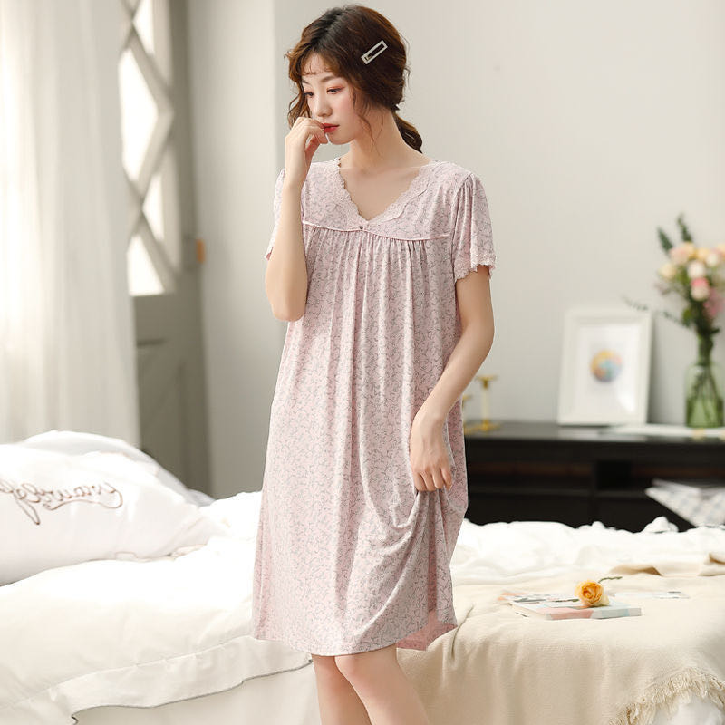 Nightdress Women Summer Cotton Short-Sleeved Mid-Length Pajamas Thin Home Wear