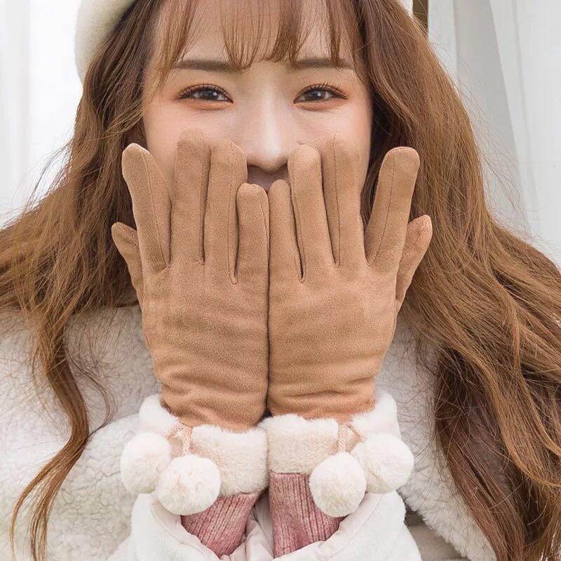 批发韩版冬季女士麂皮绒触屏手机保暖手套加绒户外电动车图