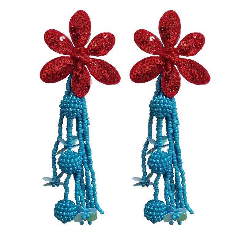 Long fringed beaded flower sequins ethnic style Bohemian female Holiday Earring clip thumbnail