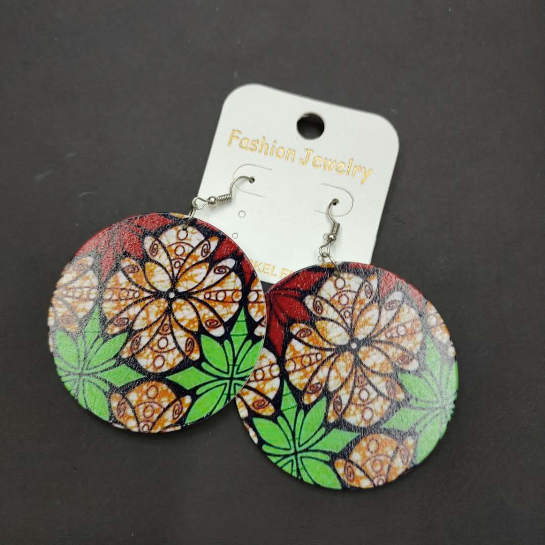 Trend classic red yellow green tricolor flowers pattern round wood temperament earrings thumbnail
