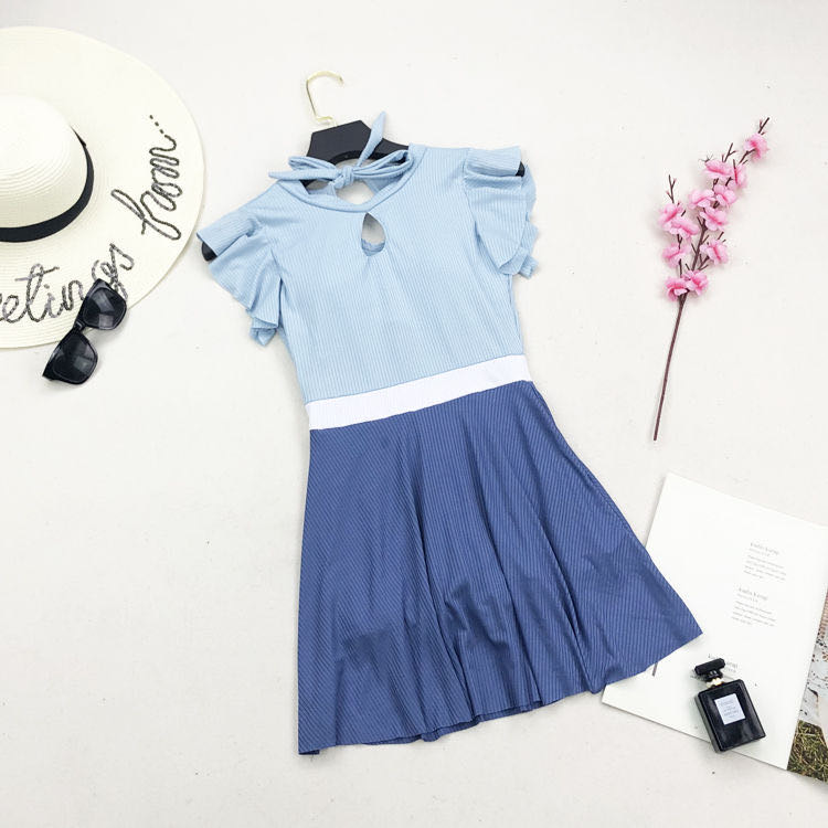 少女泳衣女裙式连体显瘦保守遮肚学生清新拼色高腰韩国泳装平角