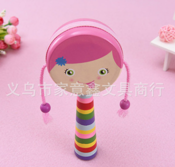 特价热卖爆款木制玩具木头拨浪鼓卡通女孩拨浪鼓产品图