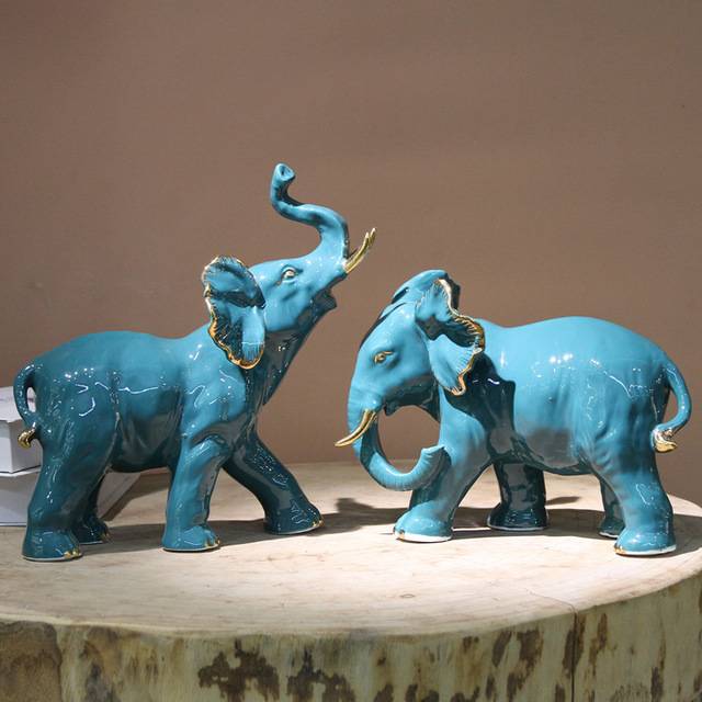 Creative modern ceramic elephant ornaments, simple home animal decorations, dark green and gilded auspicious elephant ornaments
