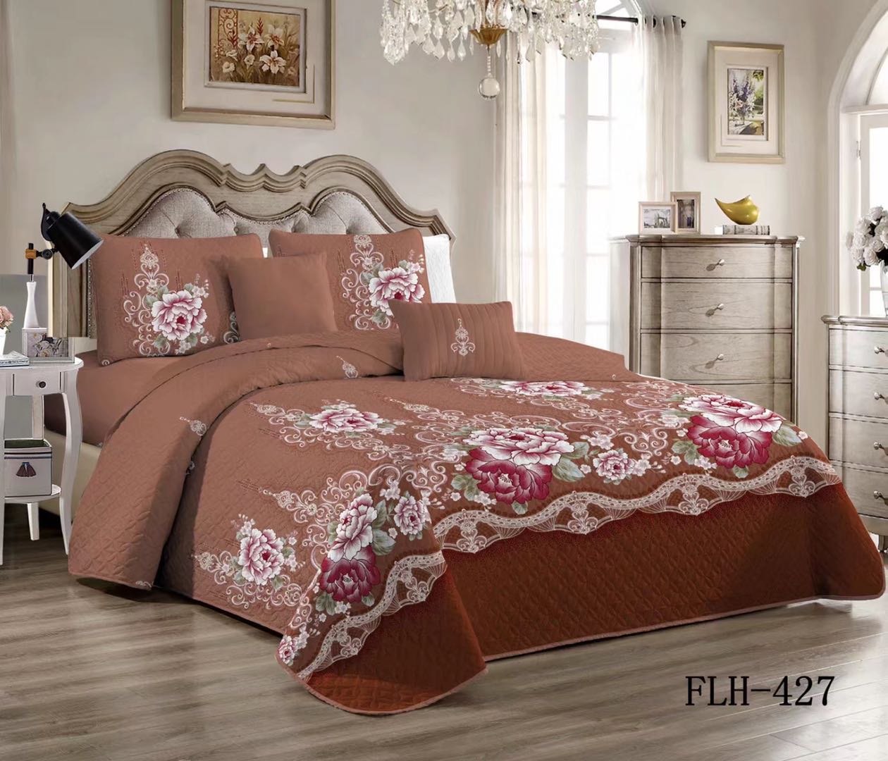 Peony Print Quilted Three-Piece Set Specification drawing