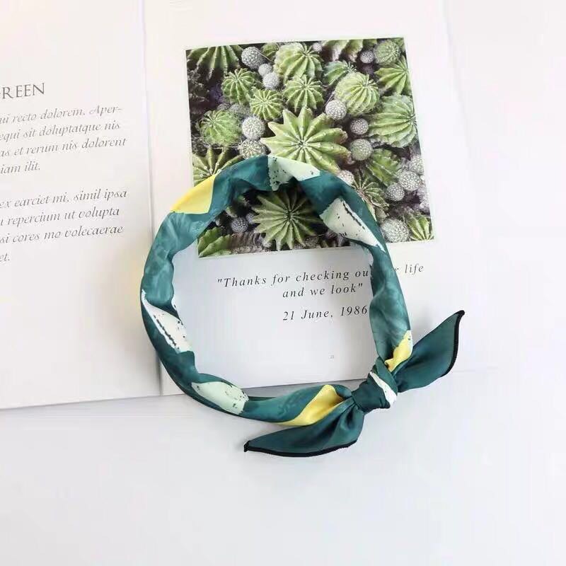 Dark Green Versus Yellow Geometric Printed Square Scarf Korean Autumn All-Match Short Scarf Headband Decorative Retro Silk Scarf