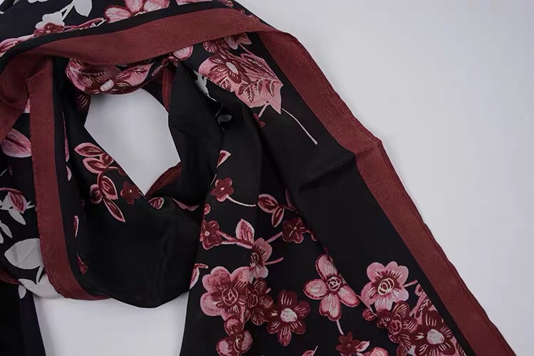 Women's Silk Scarf With Black Flowers Spring And Autumn Decoration Small Size Silk Scarf Specification drawing
