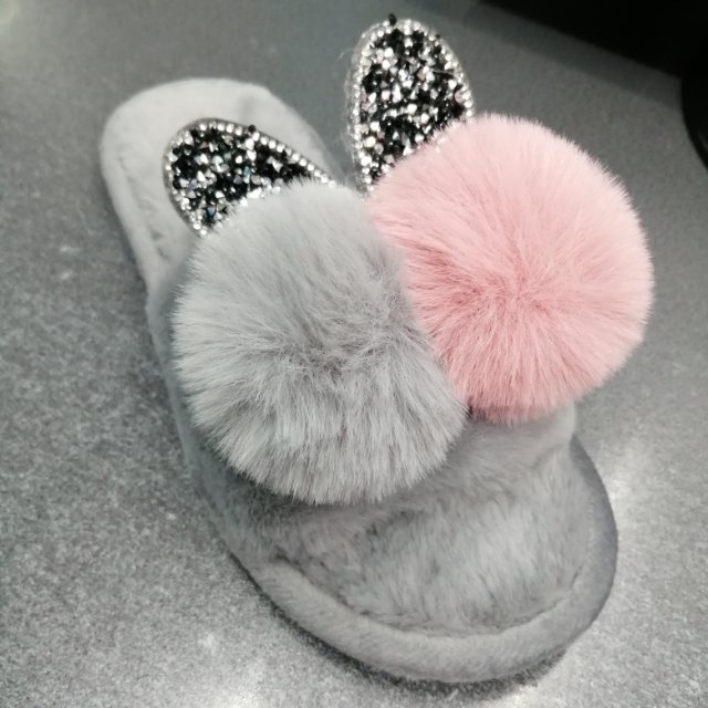 双色毛球兔兔头闪钻露趾秋冬季室内毛绒棉拖鞋地板棉鞋家用保暖拖鞋