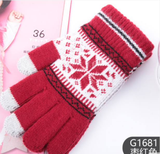 新款红色针织触屏手套女秋冬季加厚保暖可爱针织韩版毛线手套
