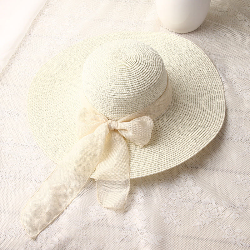 Summer Women's Sun Hat Travel Sunblock Large Beach Hat Outdoor Sunshade Straw Hat Small Fragrance Black Streamer 4 Specification drawing