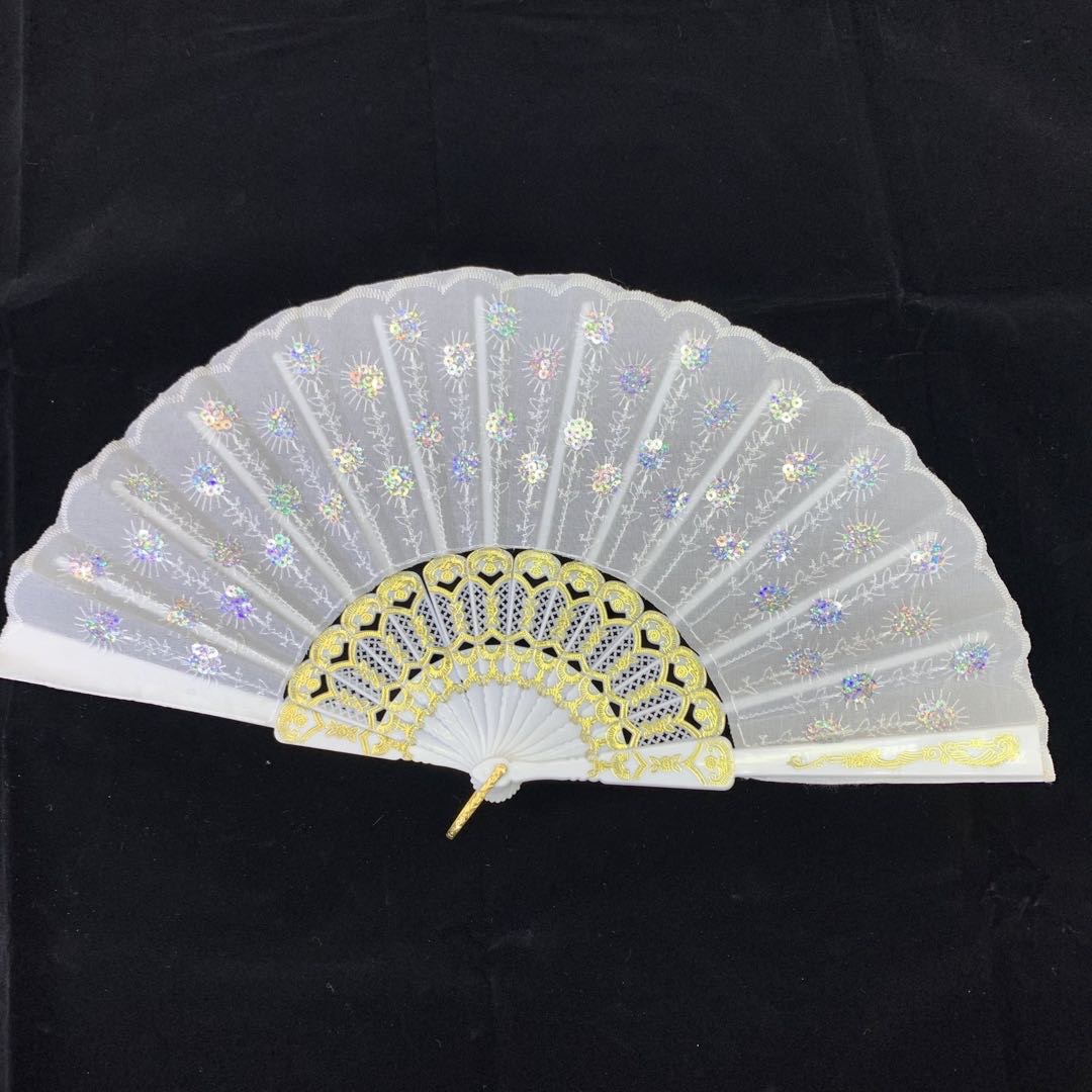 中国刺绣亮片扇白杆白亮片扇子塑料骨西班牙扇子欧式折叠亮片图