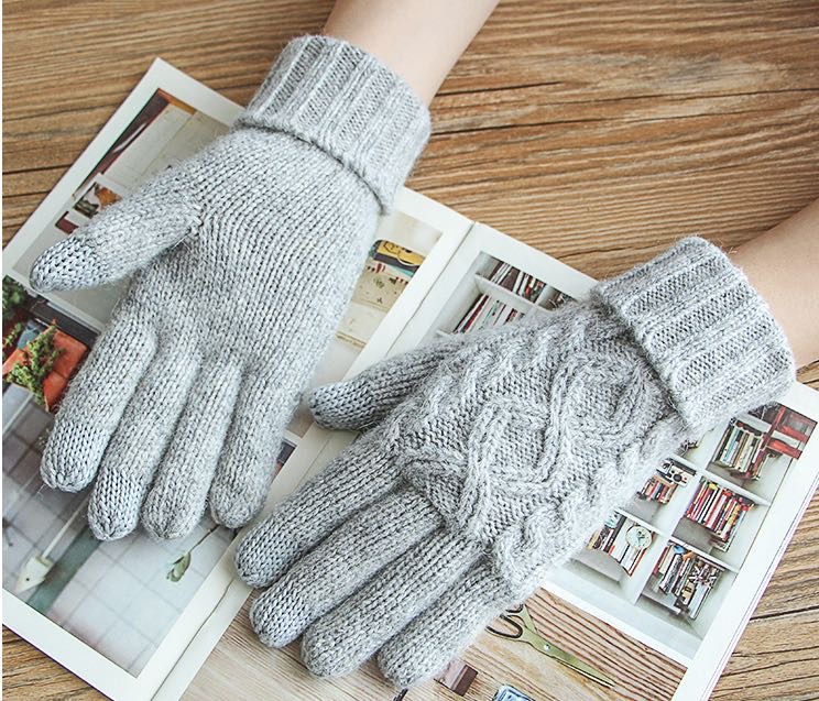 冬季加厚羊毛触屏保暖手套情侣款针织羊毛线手套时尚分指细节图