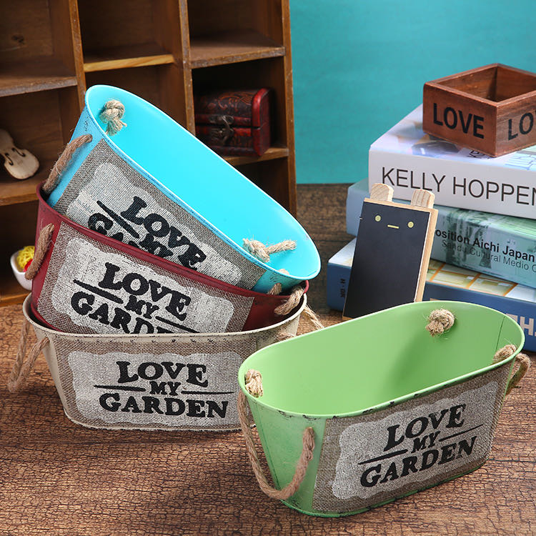 欧式工艺品摆件椭圆铁皮花桶盆栽植物盆栽