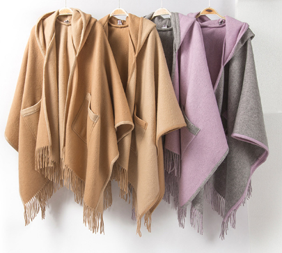 Women's Fashion Trend With Warm Tassel Double Sided Hat Imitation Cashmere Shawl