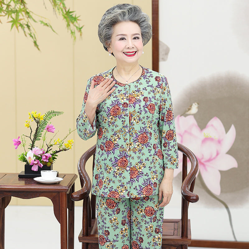 奶奶七分袖套装老太太中老年人女装妈妈夏季短袖两件套产品图