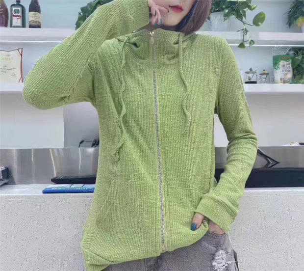 欧新款欧货宽松显瘦纯色螺纹连帽长袖T恤女套头帽衫产品图