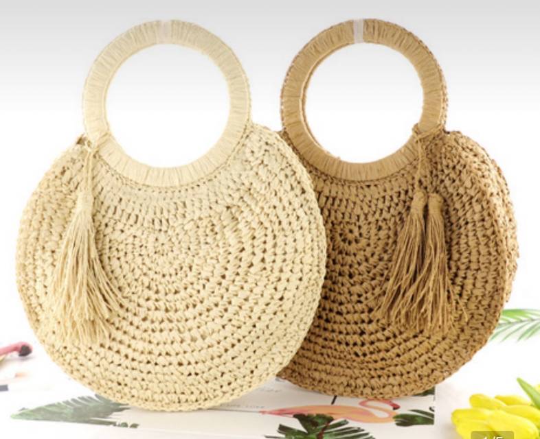 厂家直销ins新款流苏穗头草编包圆形手提时尚沙滩编织包休闲女包