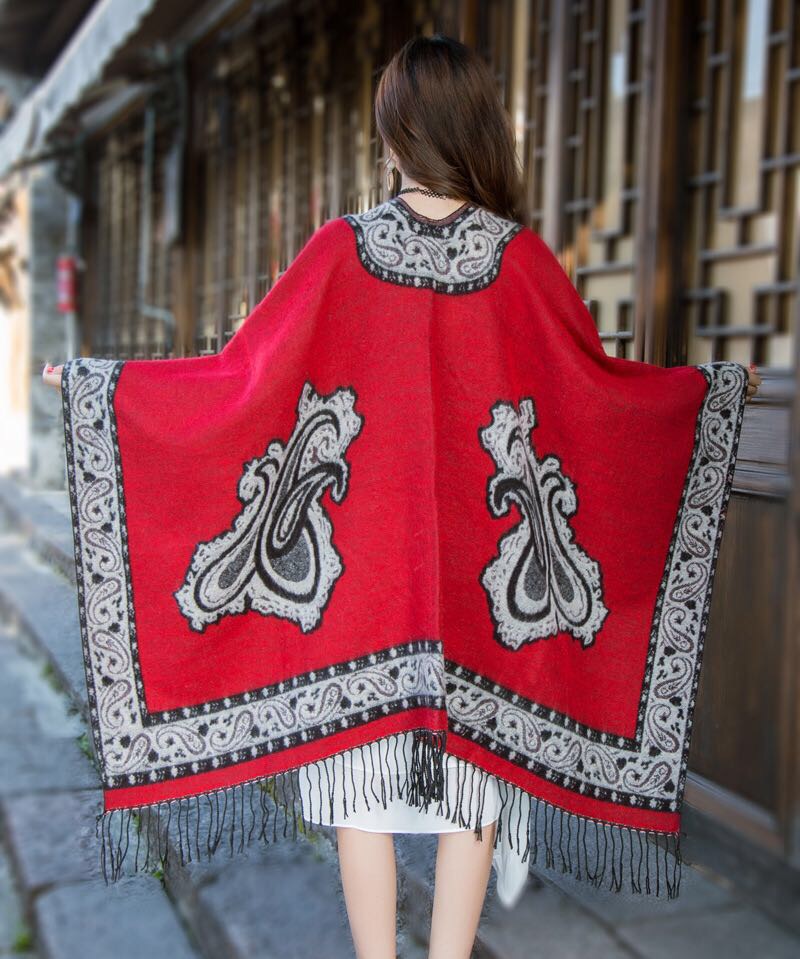 Women's Fashion Trend Casual Ethnic Style Warm Open Akimbo Fruit Flower Tassel Shawl details Picture