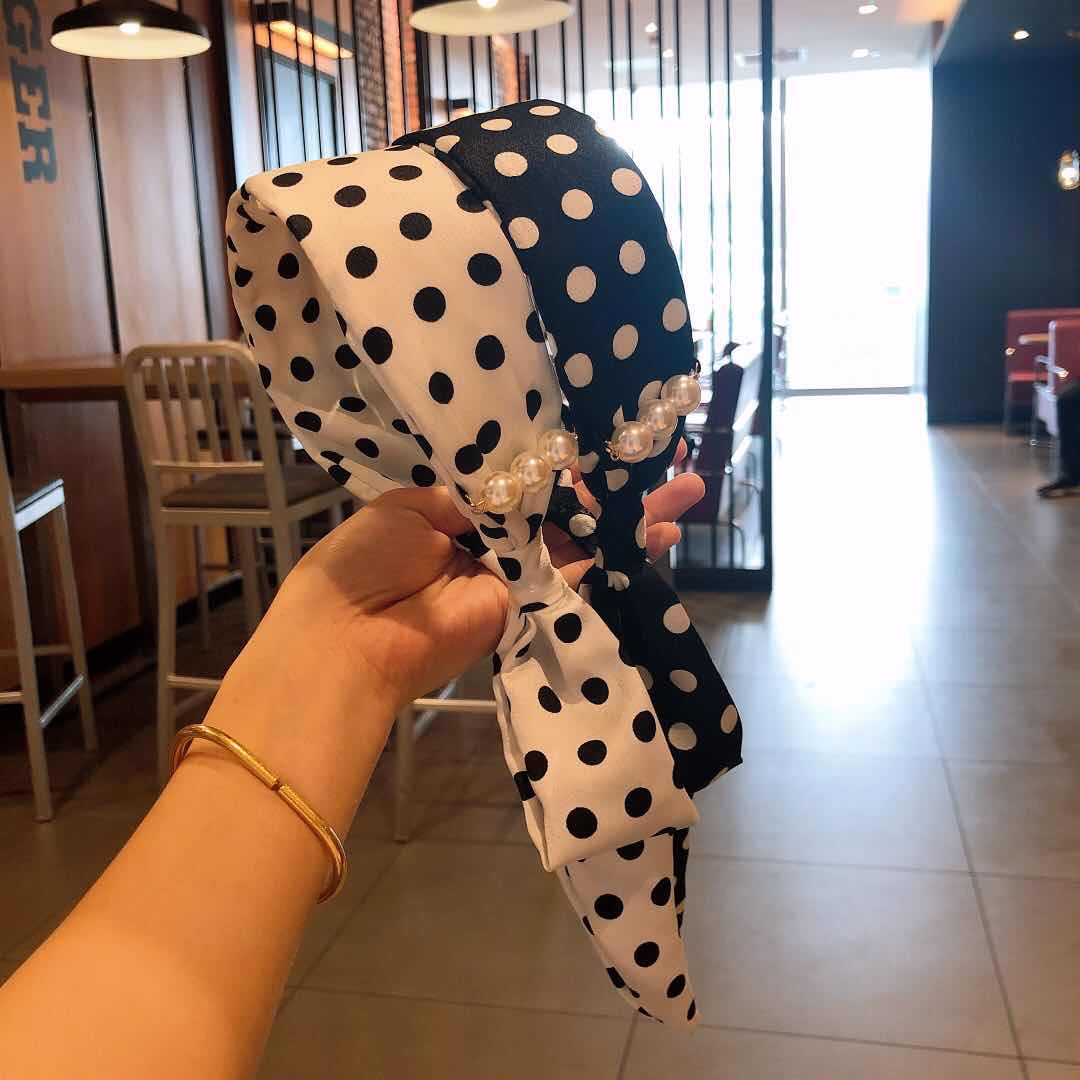 Original handcrafted chiffon vacation polka dot pearl headband Korean version series, exquisite and versatile accessory for piggy girls