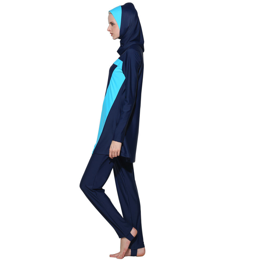 Long Sleeve Color Matching Muslim Swimsuit Plus Size Conservative Sun Protection Beach Spa Bathing Suit details Picture