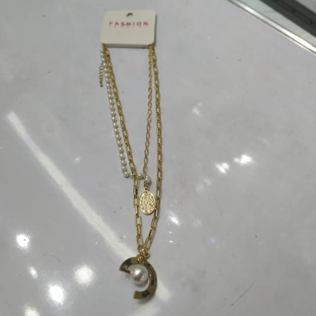 厂家直销铜质镀金色大颗玻璃仿珍珠双层项链饰品图