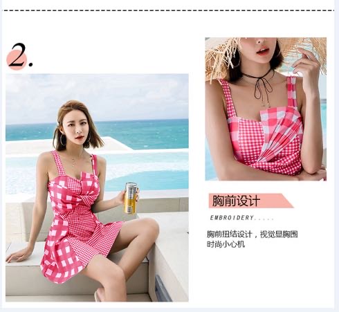 Swimsuit no. 19030 2020 one-piece flat strip with bow-tie plaid Mosaic young personality student small breasts gathered together thumbnail
