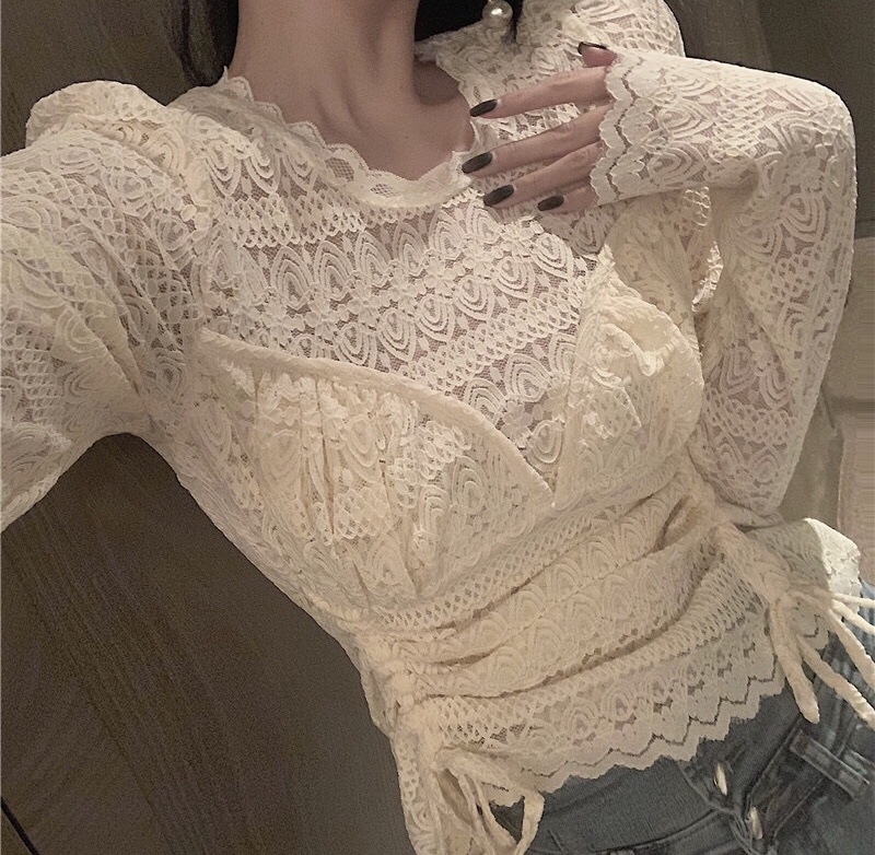 Women's Sexy Lace Crew Neck Top Comfortable Ultra-Thin Breathable Slim Slim Stylish Top Specification drawing