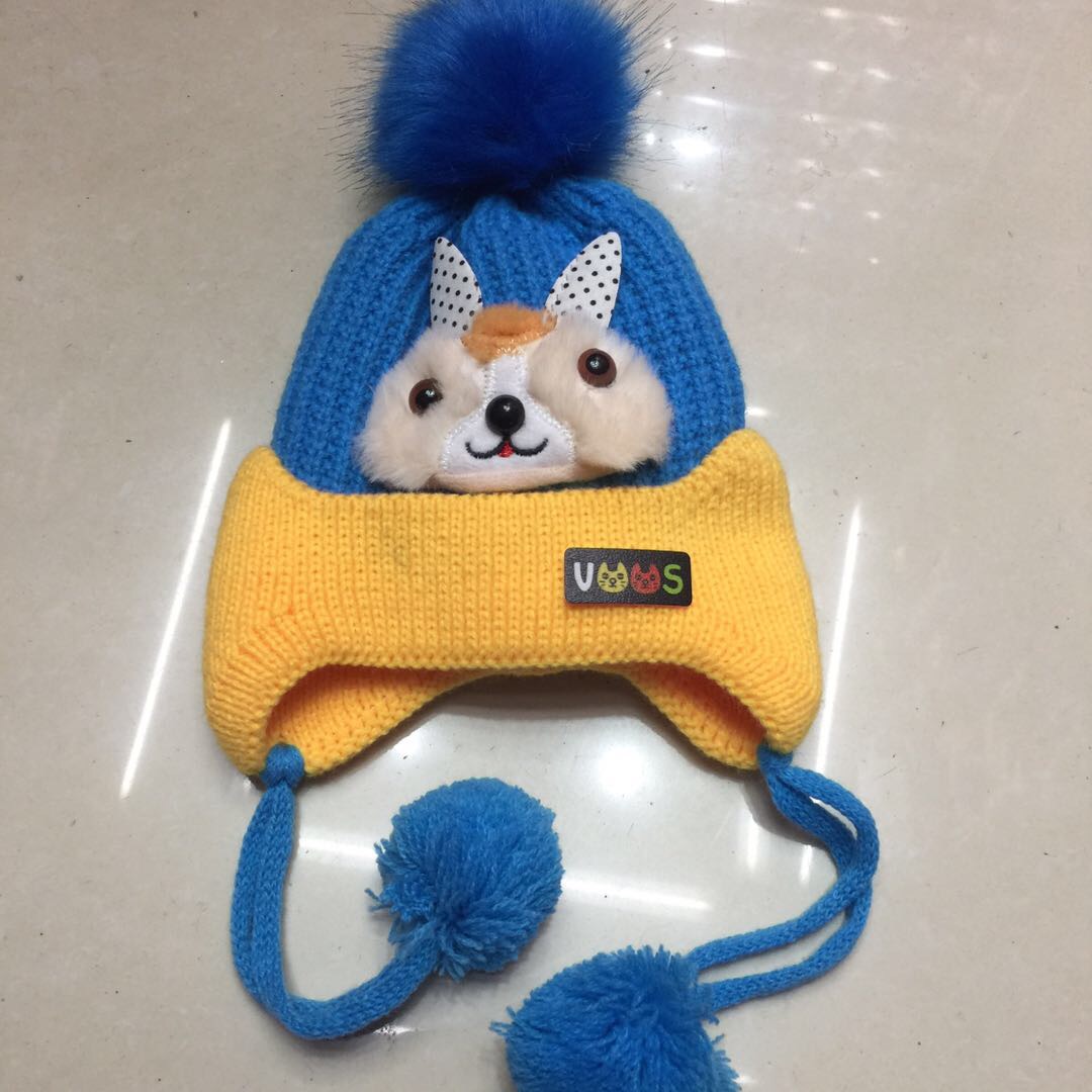 撞色大毛球可爱百搭儿童帽毛线帽