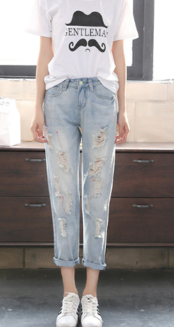 [hot style] jeans for women spring/summer 2020 middle waist light-colored straight pants with loose knee holes of nine minutes thumbnail