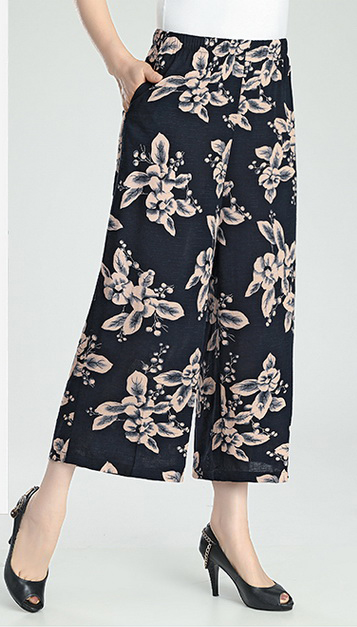 新品中老年女装休闲裤子夏天薄款妈妈高腰棉麻印花大码九分直筒裤