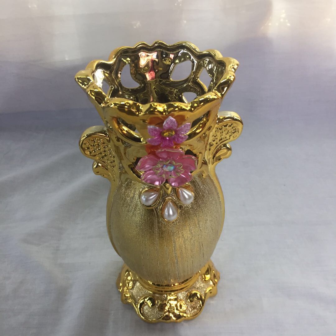 欧美金色圆口陶瓷花瓶客厅卧室电视柜摆件装饰