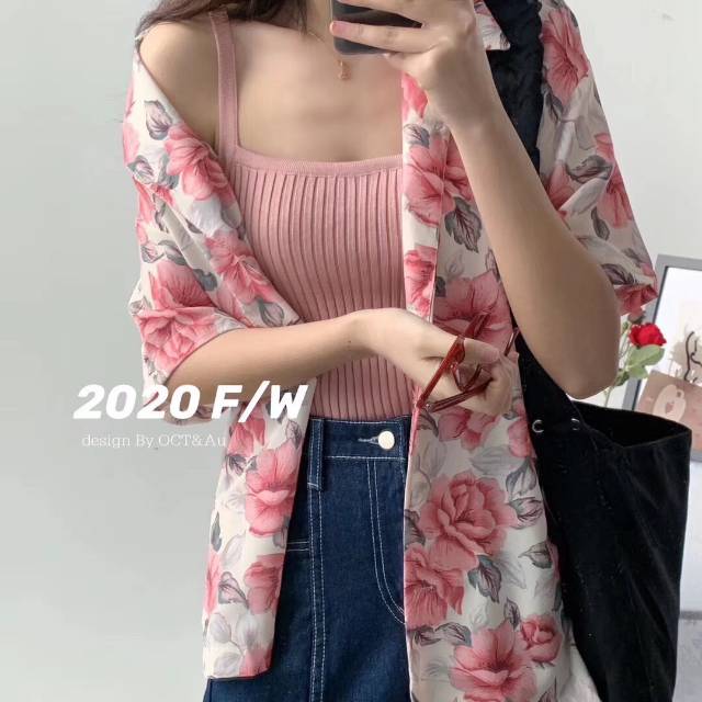 Ae 2020 Summer Korean Edition Trendy Fashion Versatile Hong Kong-style retro large flower loose feature short-sleeved shirt for women Specification image